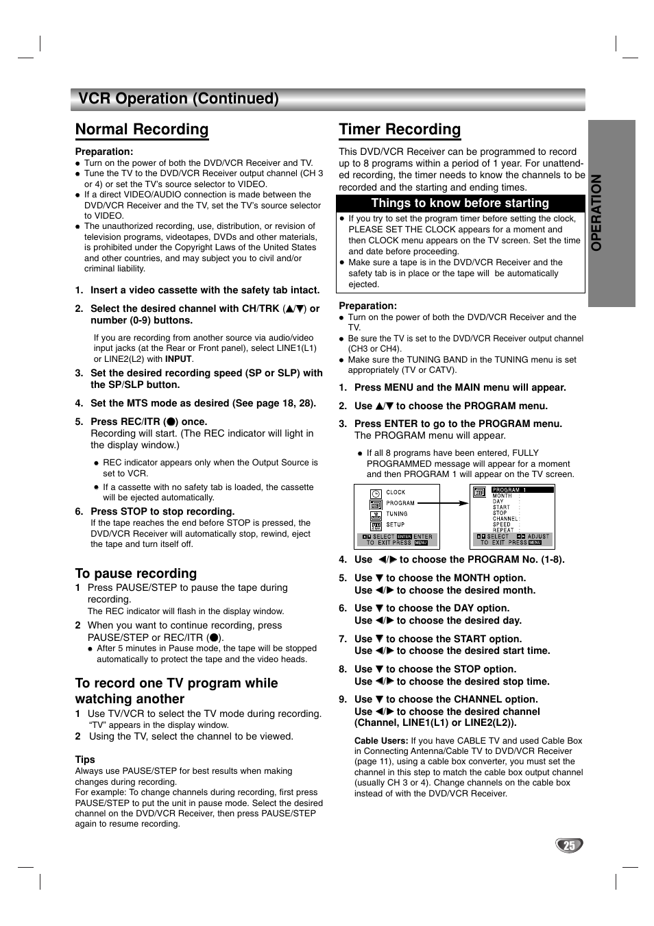 Vcr operation (continued) normal recording, Timer recording, Opera tion | Toshiba SD-V57HTSU User Manual | Page 25 / 50