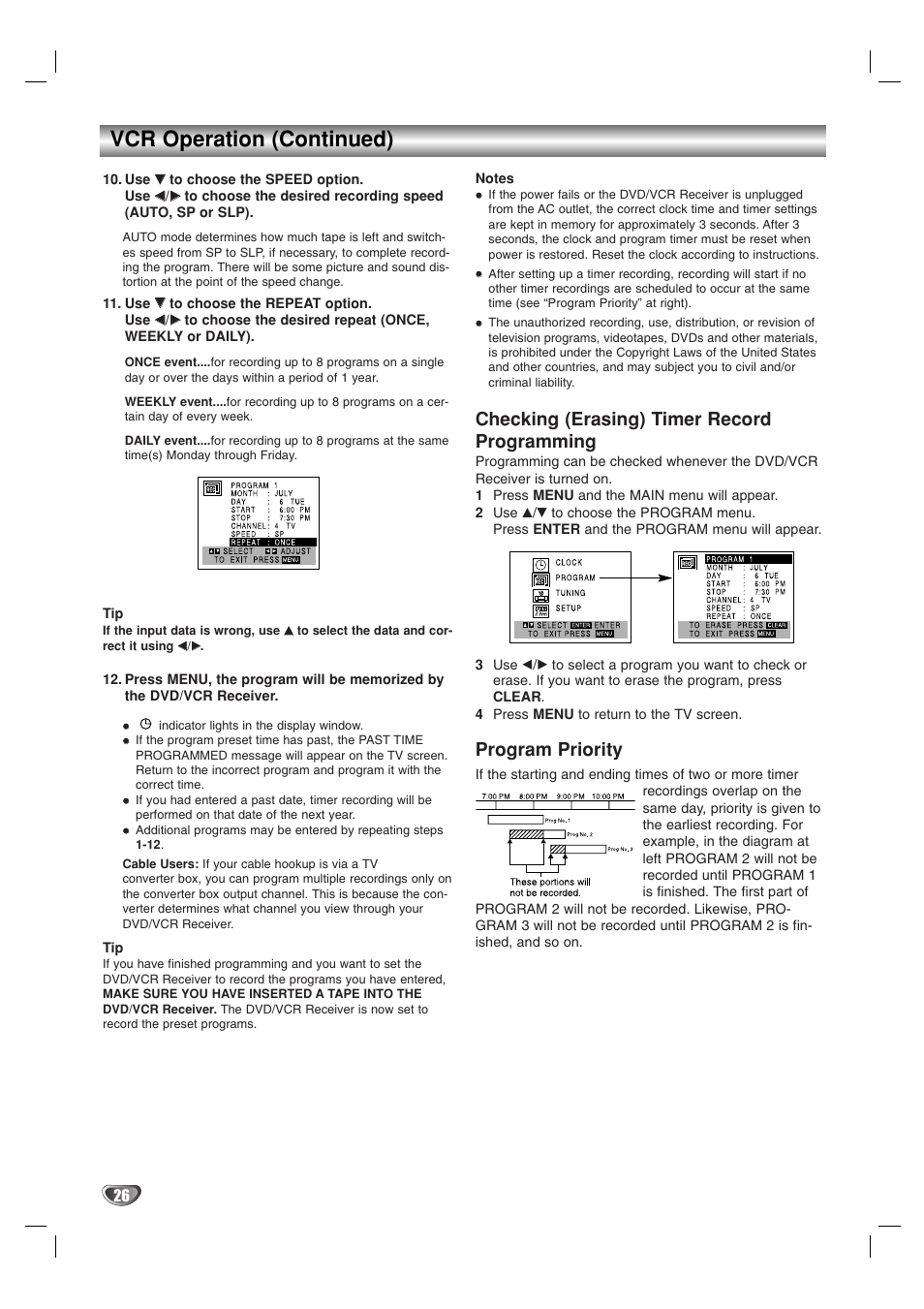 Vcr operation (continued), Checking (erasing) timer record programming, Program priority | Toshiba SD-V57HTSU User Manual | Page 26 / 50