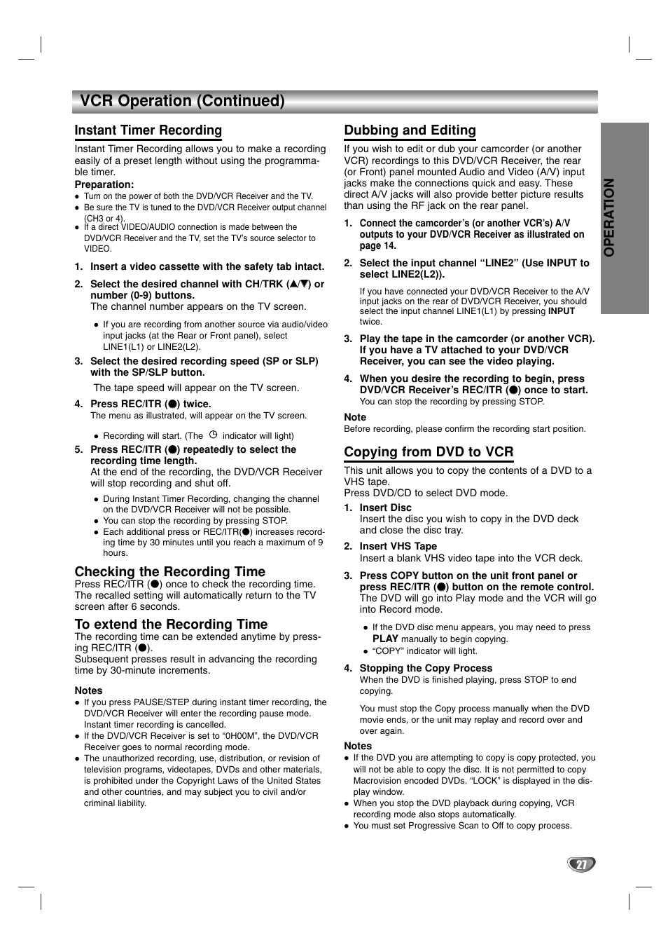 Vcr operation (continued), Opera tion, Instant timer recording | Checking the recording time, Dubbing and editing, Copying from dvd to vcr | Toshiba SD-V57HTSU User Manual | Page 27 / 50