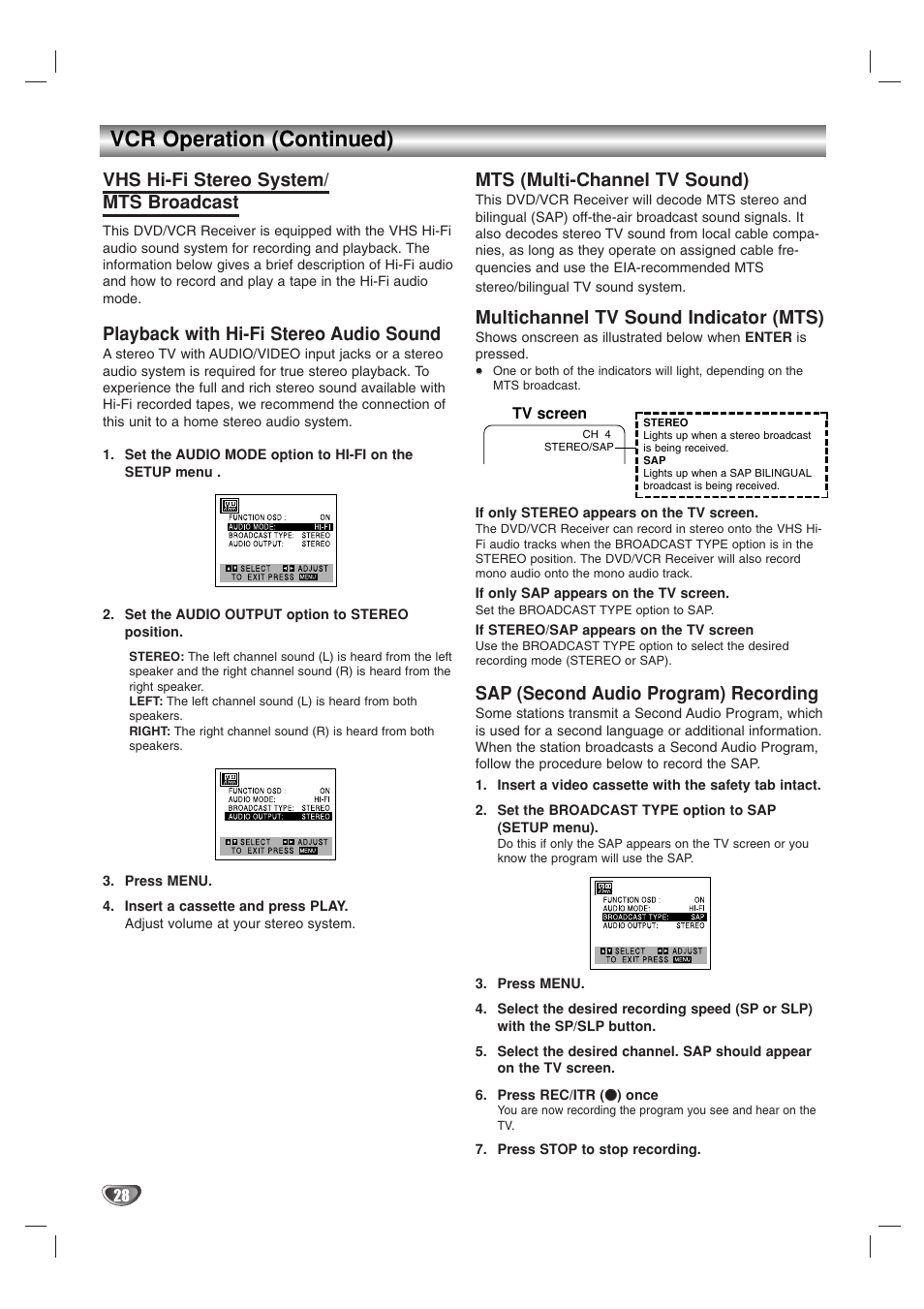 Vcr operation (continued), Vhs hi-fi stereo system/ mts broadcast, Playback with hi-fi stereo audio sound | Mts (multi-channel tv sound), Multichannel tv sound indicator (mts), Sap (second audio program) recording | Toshiba SD-V57HTSU User Manual | Page 28 / 50