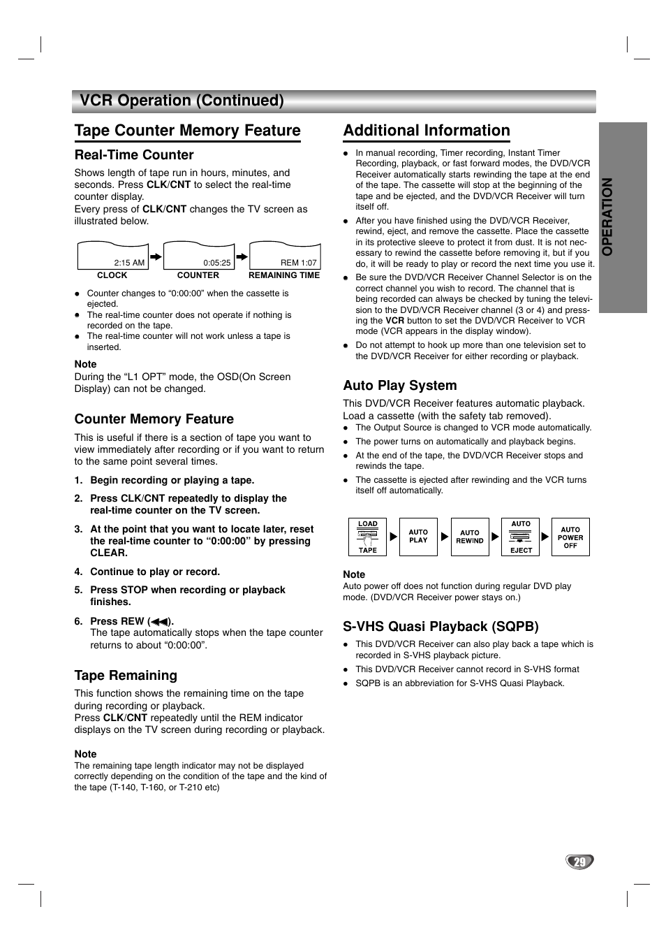 Additional information, Opera tion, Real-time counter | Tape remaining, Auto play system, S-vhs quasi playback (sqpb) | Toshiba SD-V57HTSU User Manual | Page 29 / 50