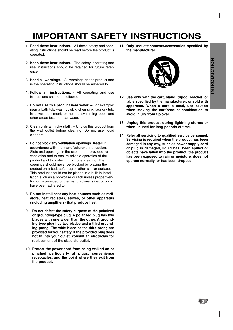 Important safety instructions, Introduction | Toshiba SD-V57HTSU User Manual | Page 3 / 50