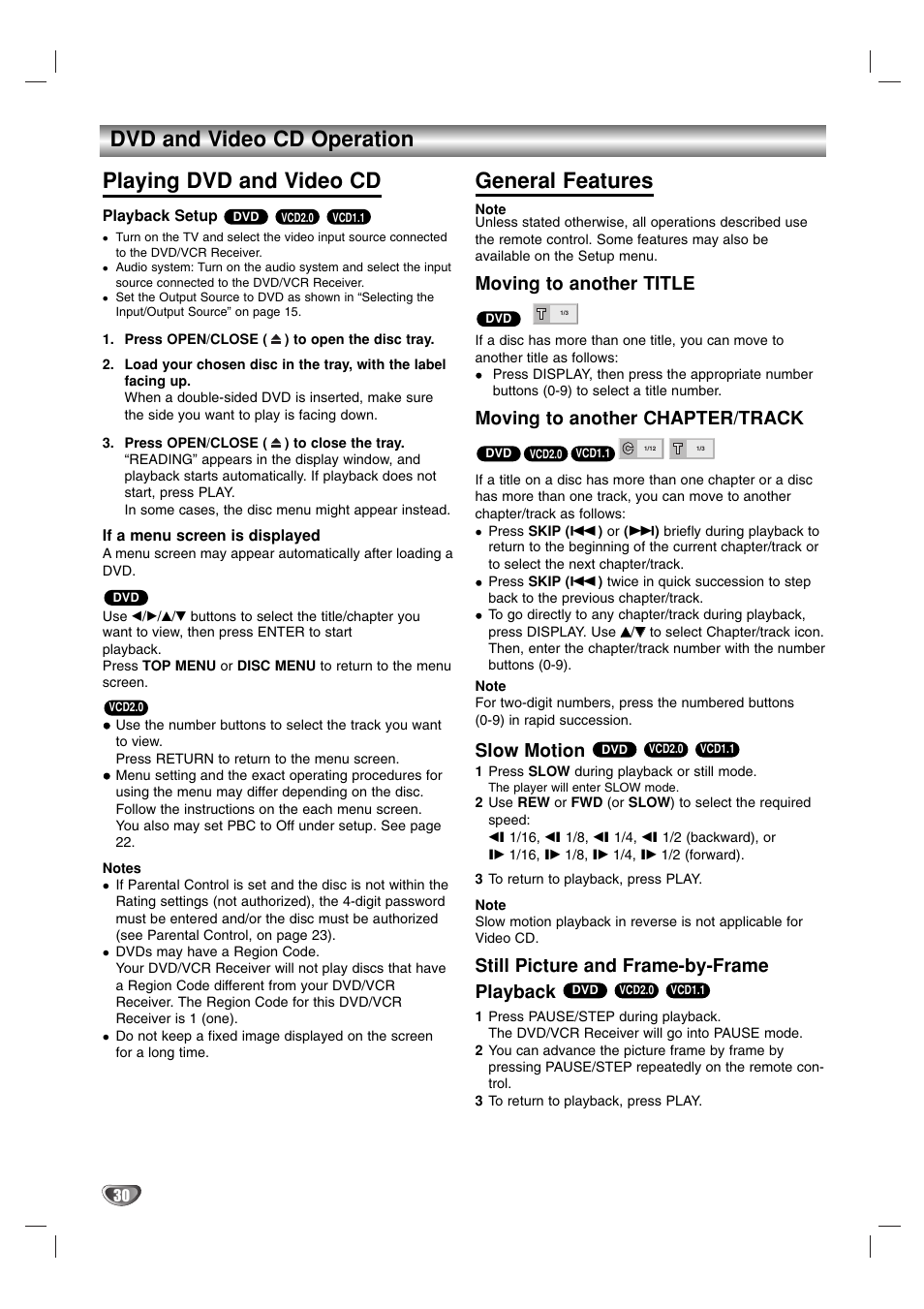 General features, Moving to another title, Moving to another chapter/track | Slow motion, Still picture and frame-by-frame playback | Toshiba SD-V57HTSU User Manual | Page 30 / 50