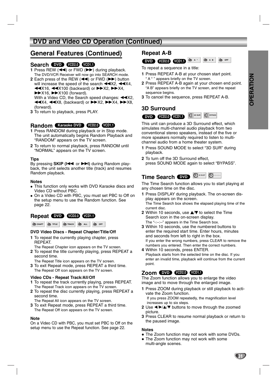 Opera tion, Search, Random | Repeat, Repeat a-b, 3d surround, Time search, Zoom | Toshiba SD-V57HTSU User Manual | Page 31 / 50