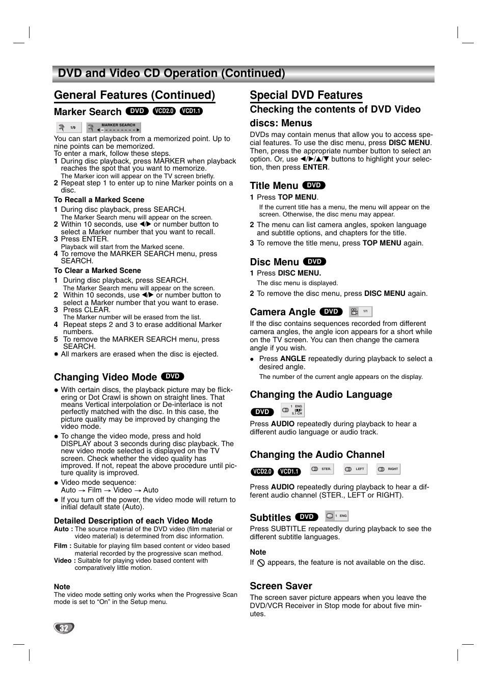 Special dvd features, Marker search, Changing video mode | Checking the contents of dvd video discs: menus, Title menu, Disc menu, Camera angle, Changing the audio language, Changing the audio channel, Subtitles | Toshiba SD-V57HTSU User Manual | Page 32 / 50