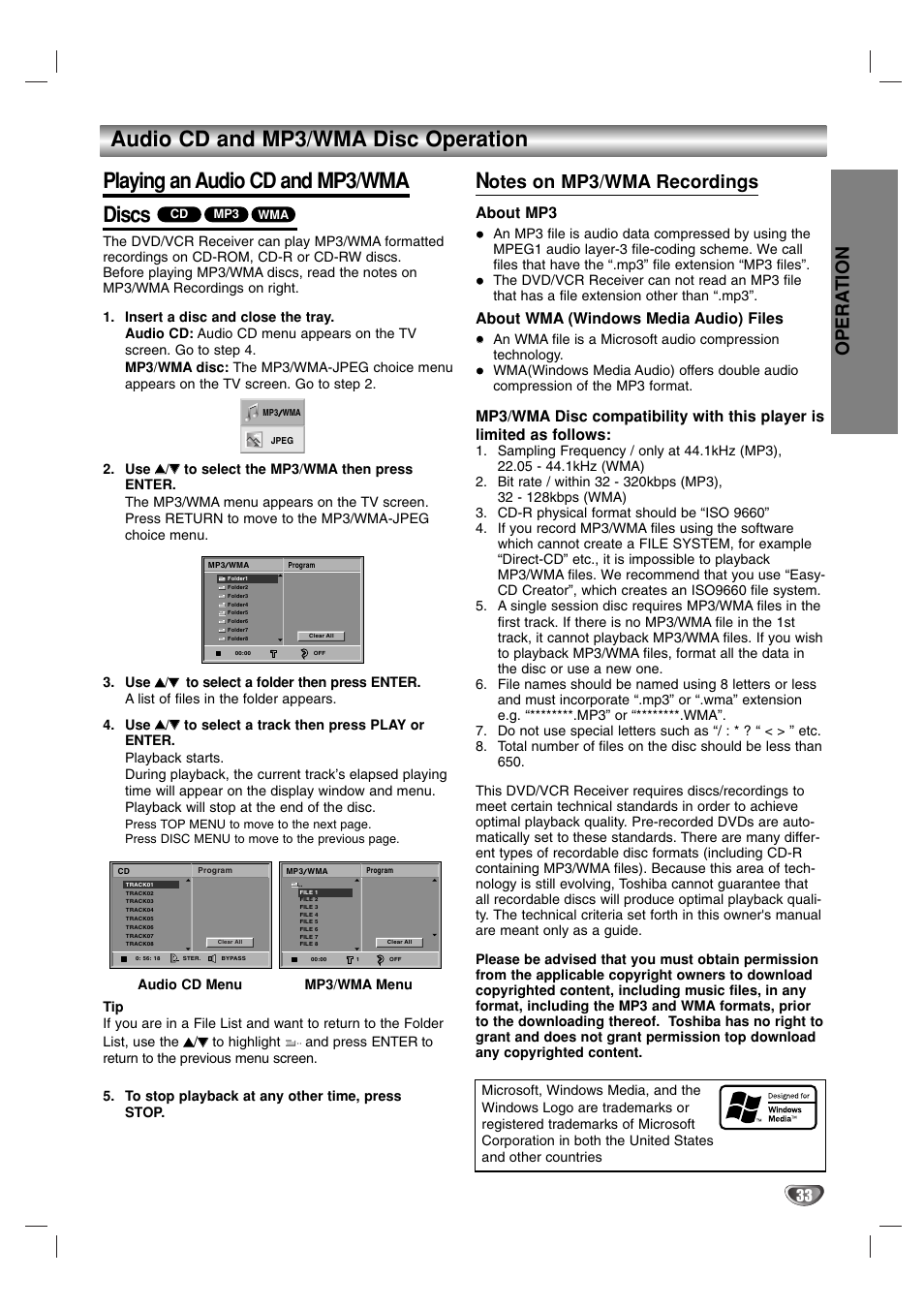 Opera tion, Otes on mp3/wma recordings, About mp3 | About wma (windows media audio) files | Toshiba SD-V57HTSU User Manual | Page 33 / 50