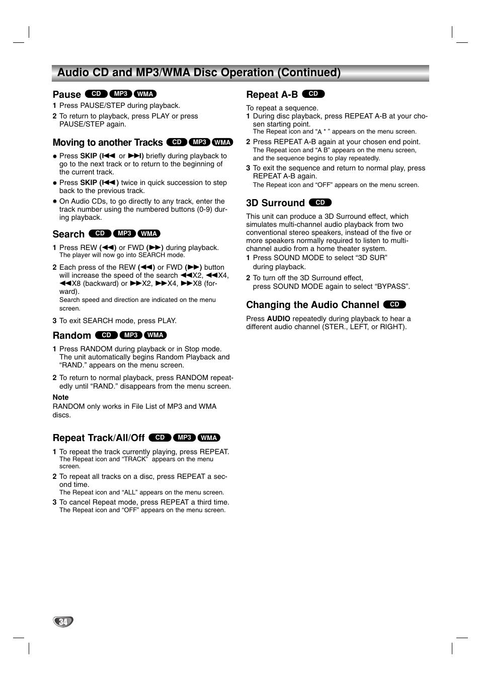 Audio cd and mp3/wma disc operation (continued), Pause, Moving to another tracks | Search, Random, Repeat track/all/off, Repeat a-b, 3d surround, Changing the audio channel | Toshiba SD-V57HTSU User Manual | Page 34 / 50