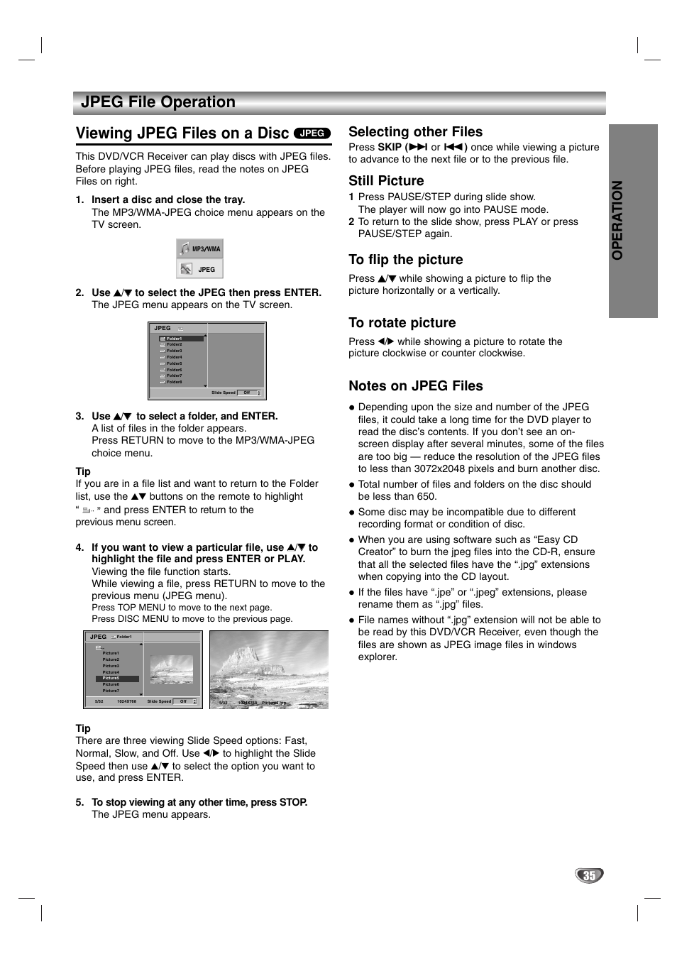 Jpeg file operation viewing jpeg files on a disc, Opera tion, Selecting other files | Still picture | Toshiba SD-V57HTSU User Manual | Page 35 / 50
