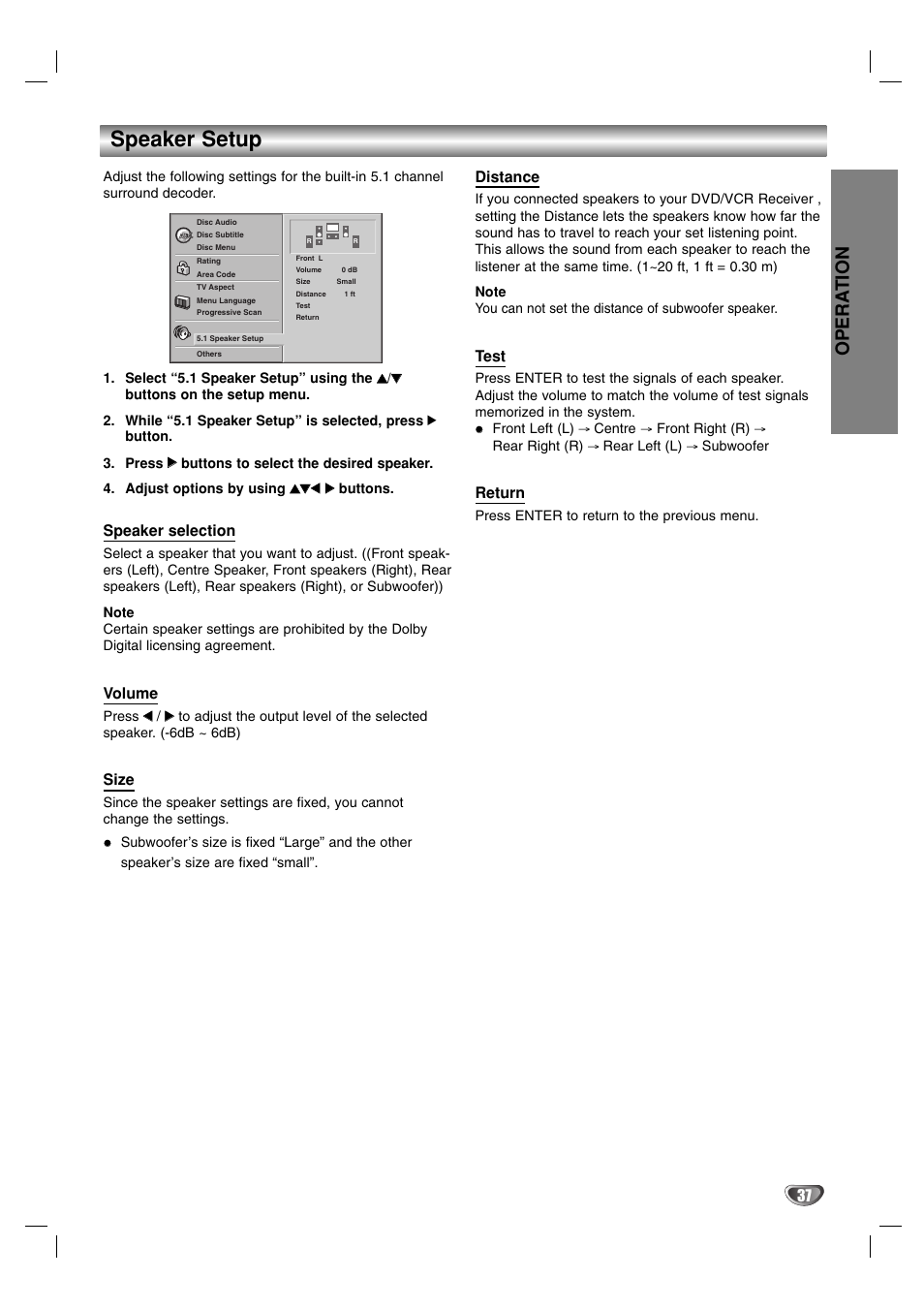Speaker setup, Opera tion, Speaker selection | Volume, Size, Distance, Test, Return | Toshiba SD-V57HTSU User Manual | Page 37 / 50