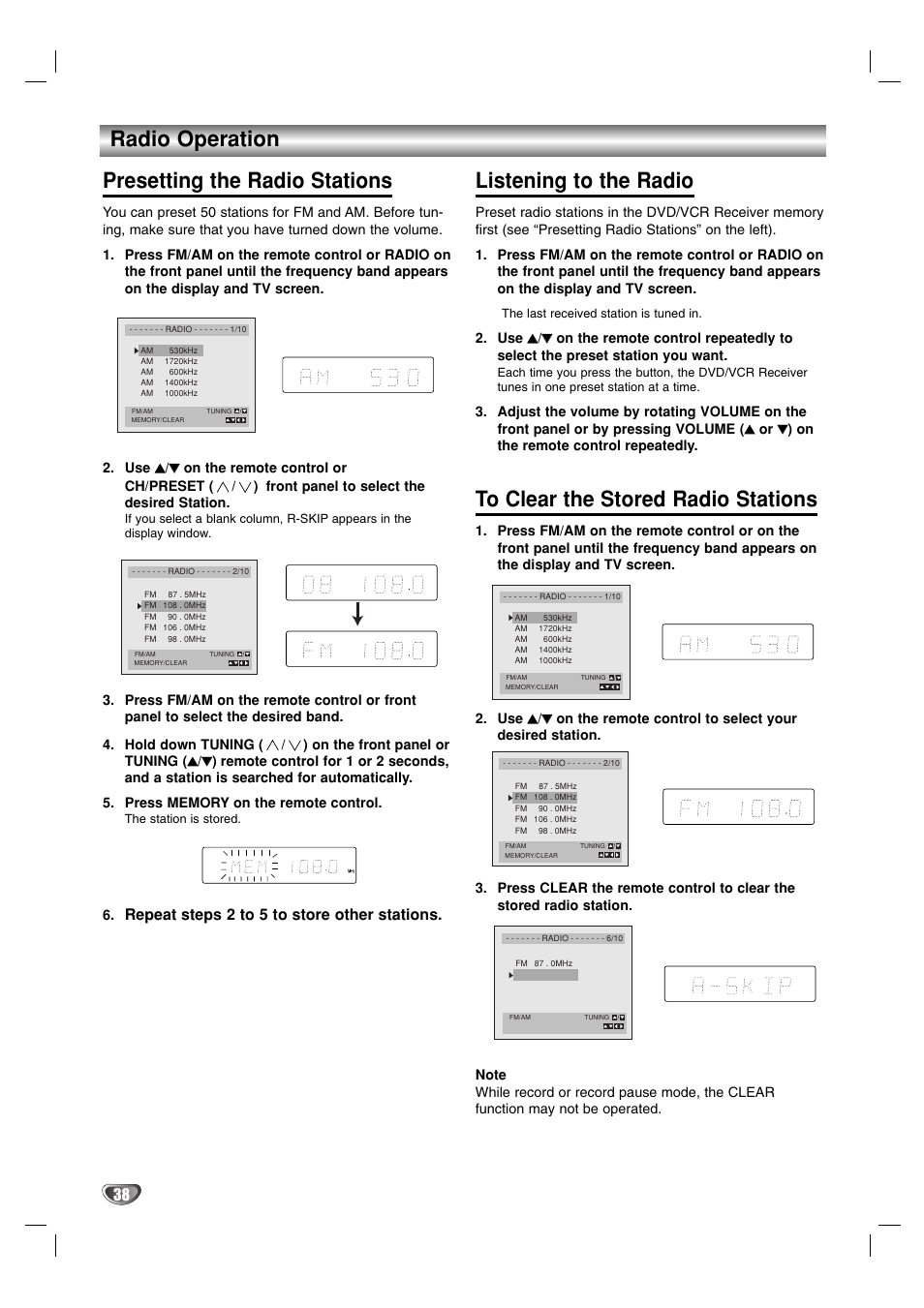 Radio operation, Presetting the radio stations, Listening to the radio | Repeat steps 2 to 5 to store other stations | Toshiba SD-V57HTSU User Manual | Page 38 / 50