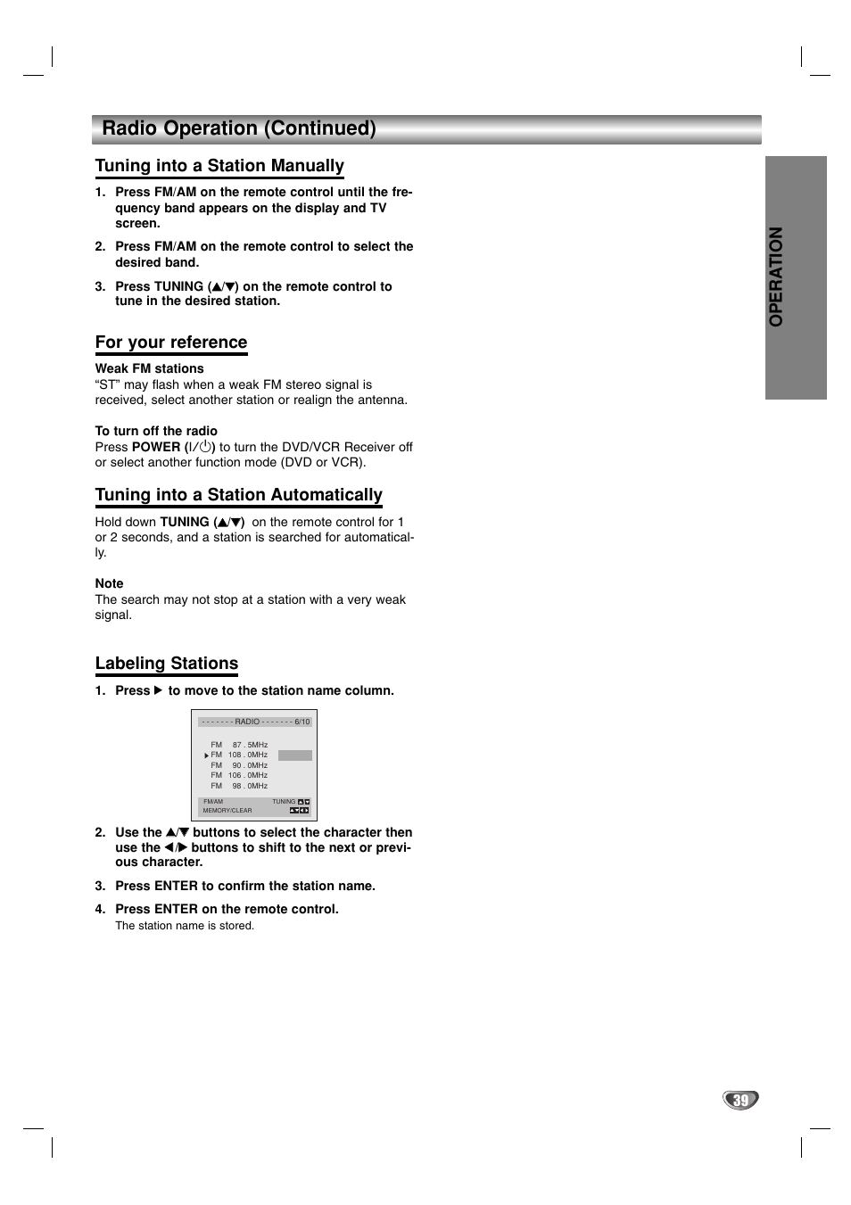 Radio operation (continued), Opera tion, Tuning into a station manually | For your reference, Tuning into a station automatically, Labeling stations | Toshiba SD-V57HTSU User Manual | Page 39 / 50