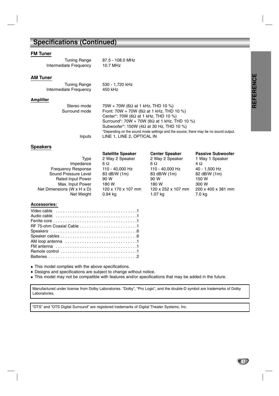 Specifications (continued), Reference | Toshiba SD-V57HTSU User Manual | Page 47 / 50