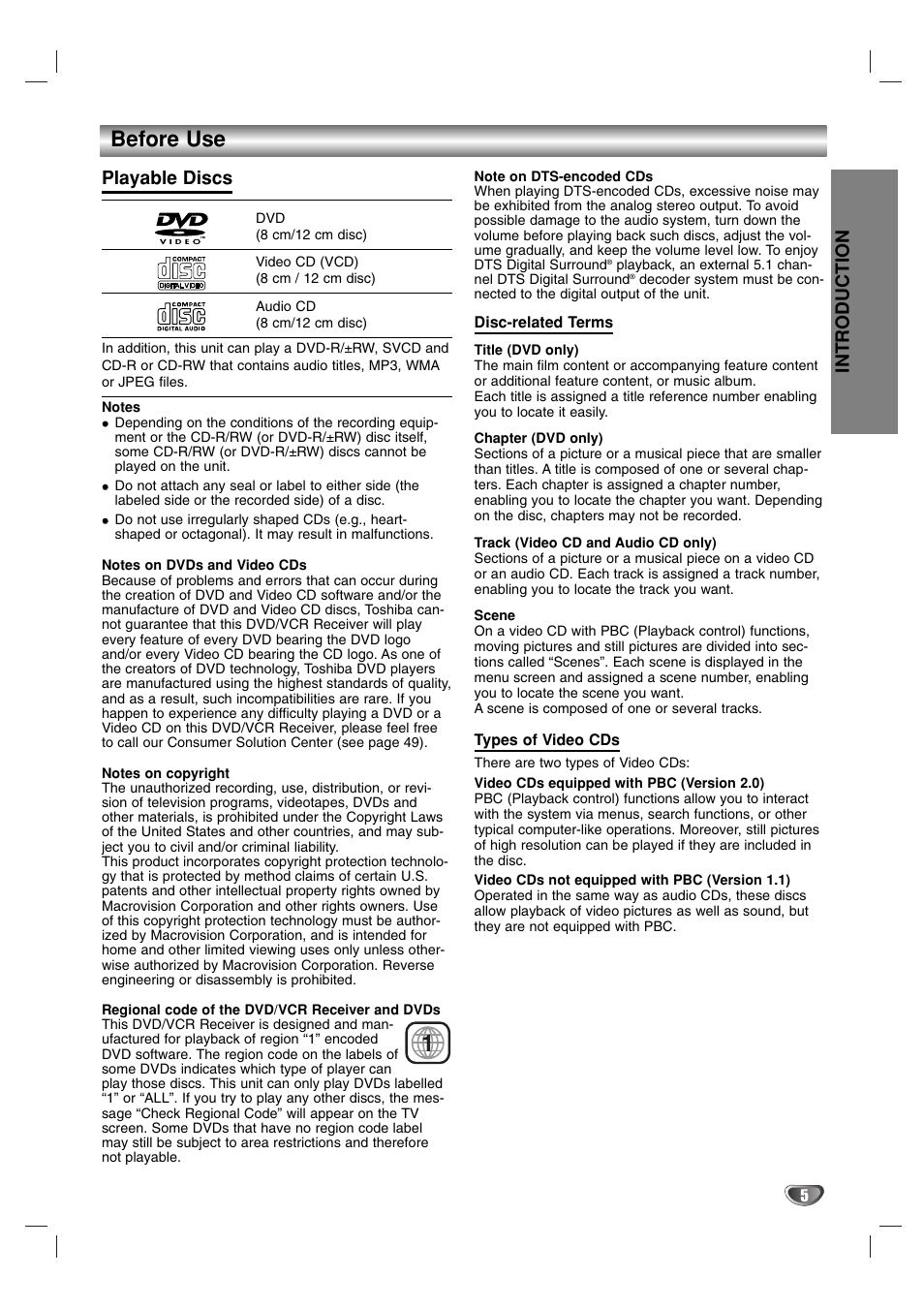 Before use, Introduction, Playable discs | Toshiba SD-V57HTSU User Manual | Page 5 / 50