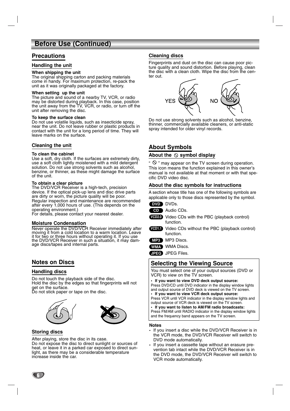 Before use (continued), Precautions, About symbols | Selecting the viewing source | Toshiba SD-V57HTSU User Manual | Page 6 / 50