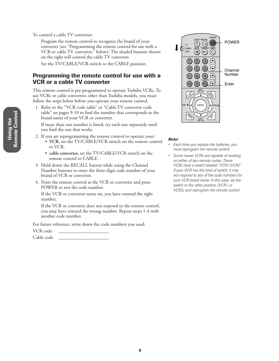 Using the remote contr ol | Toshiba CN27V71 User Manual | Page 14 / 43