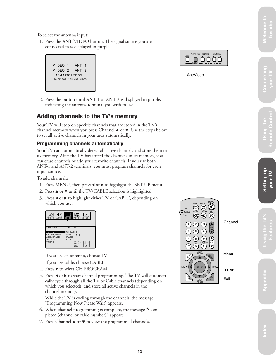 Adding channels to the tv's memory, Ref er ence, Programming channels automatically | Toshiba CN27V71 User Manual | Page 19 / 43