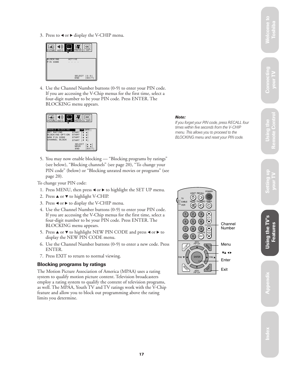 Blocking programs by ratings, Ref er ence, Press to | Display the v-chip menu | Toshiba CN27V71 User Manual | Page 23 / 43