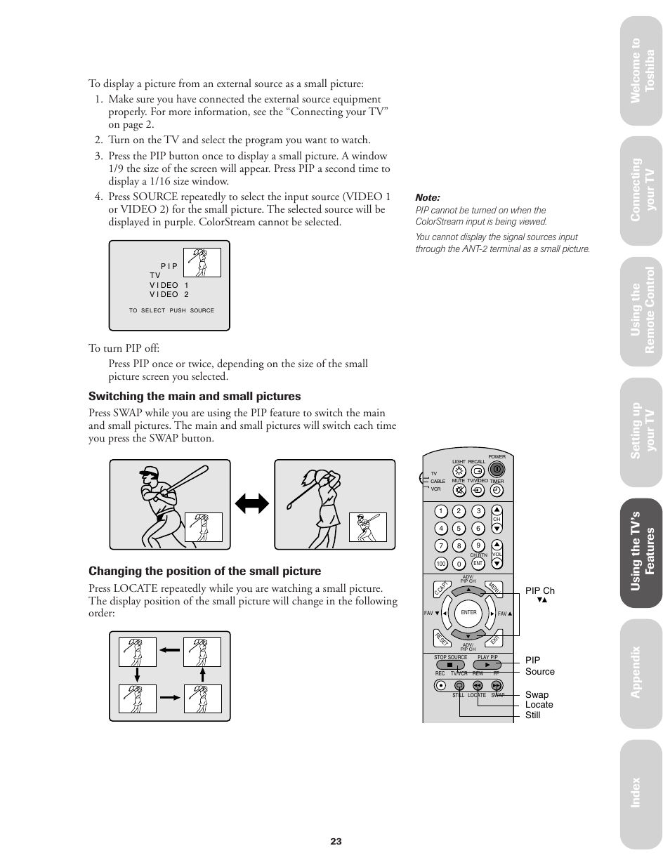 Ref er ence, Switching the main and small pictures, Changing the position of the small picture | Toshiba CN27V71 User Manual | Page 29 / 43