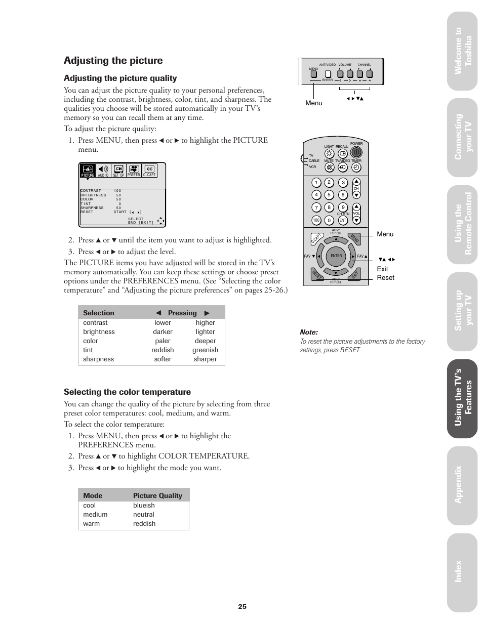 Adjusting the picture, Ref er ence, Adjusting the picture quality | Selecting the color temperature, Press | Toshiba CN27V71 User Manual | Page 31 / 43