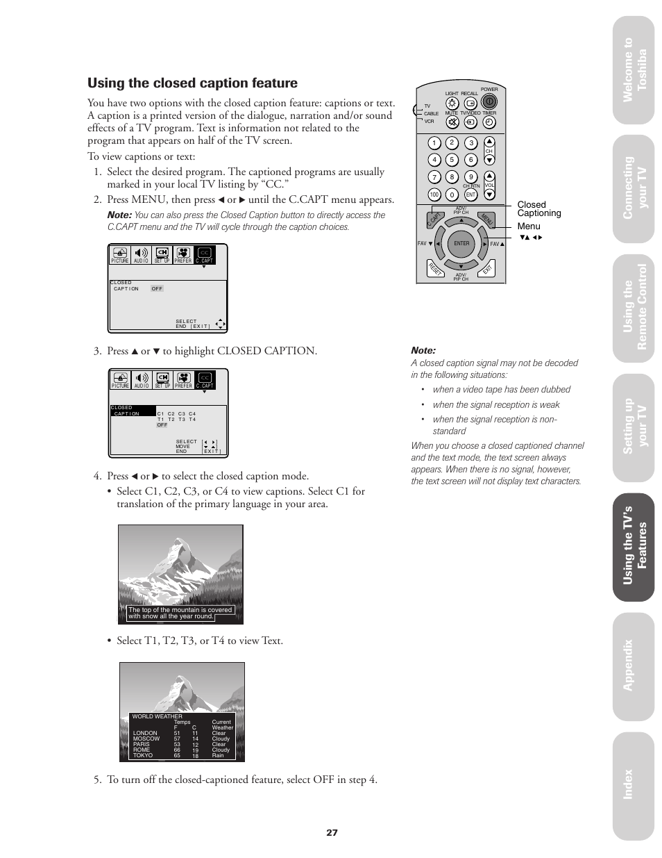 Closed caption features, Using the closed caption feature, Ref er ence | Until the c.capt menu appears, Press, Select t1, t2, t3, or t4 to view text | Toshiba CN27V71 User Manual | Page 33 / 43