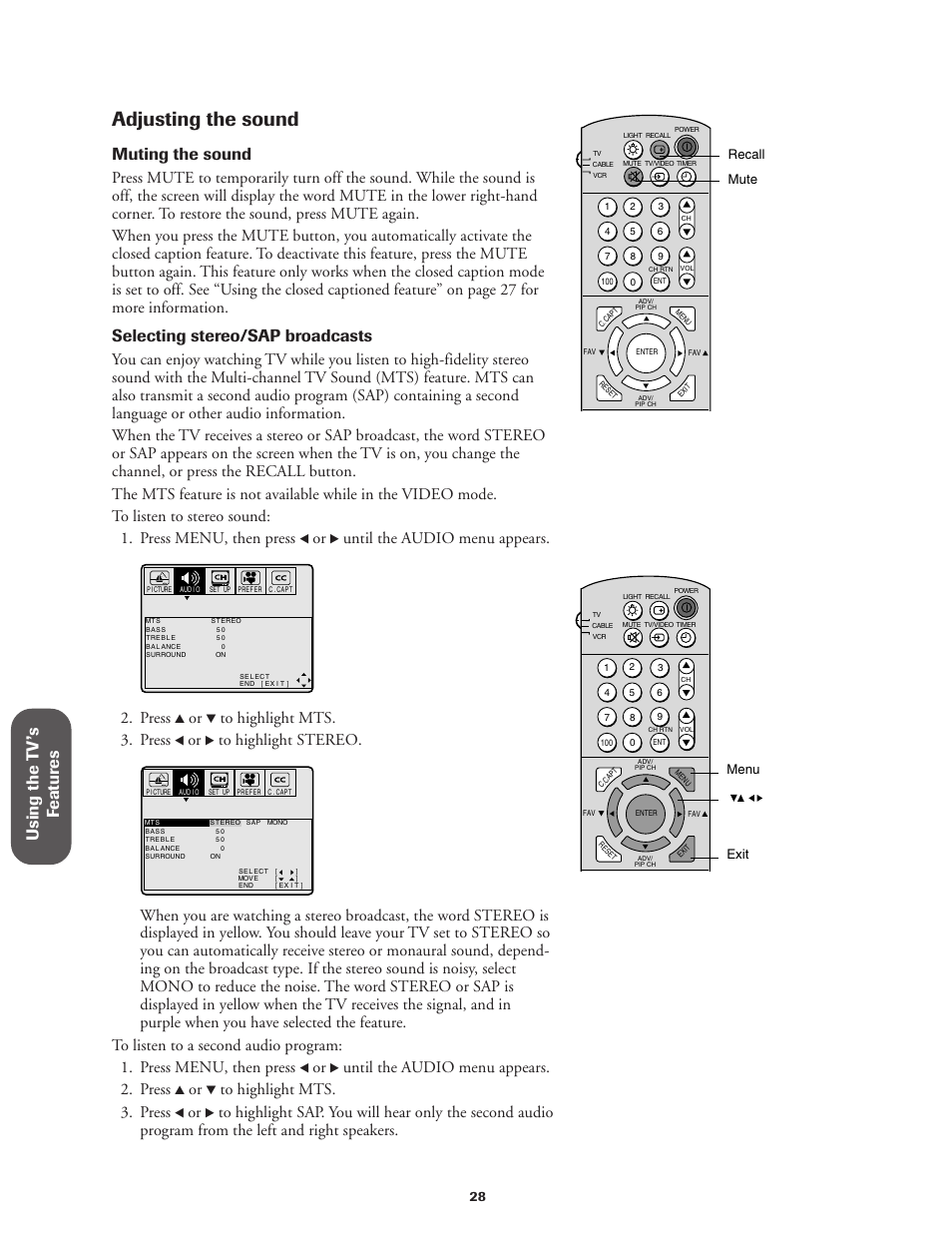 Adjusting the sound, Using the t v ’s f eatur es, Muting the sound | Selecting stereo/sap broadcasts, Until the audio menu appears, Press, Until the audio menu appears. 2. press | Toshiba CN27V71 User Manual | Page 34 / 43