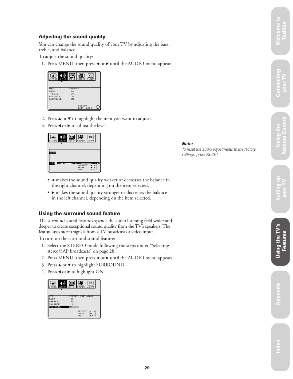 Ref er ence, Using the surround sound feature | Toshiba CN27V71 User Manual | Page 35 / 43