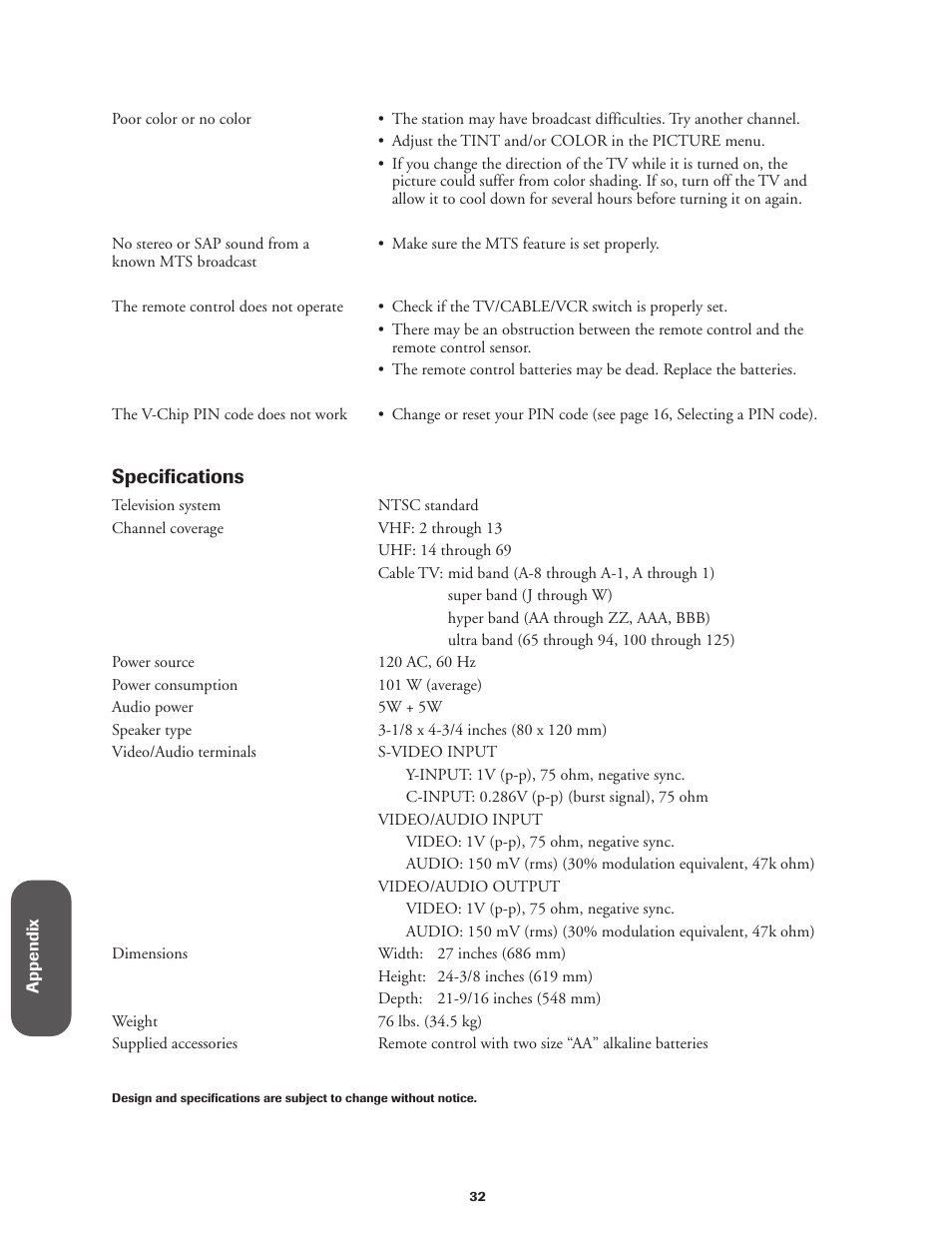 Specifications | Toshiba CN27V71 User Manual | Page 38 / 43