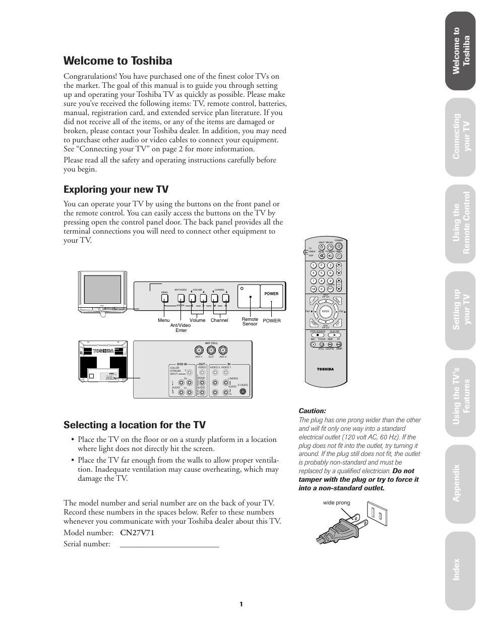 Welcome - selecting a location for the tv, Welcome to toshiba, Exploring your new tv | Selecting a location for the tv, Ref er ence | Toshiba CN27V71 User Manual | Page 7 / 43