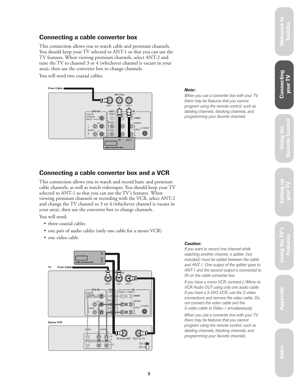 A cable converter box, A cable converter box and a vcr, Connecting a cable converter box | Connecting a cable converter box and a vcr, Ref er ence | Toshiba CN27V71 User Manual | Page 9 / 43