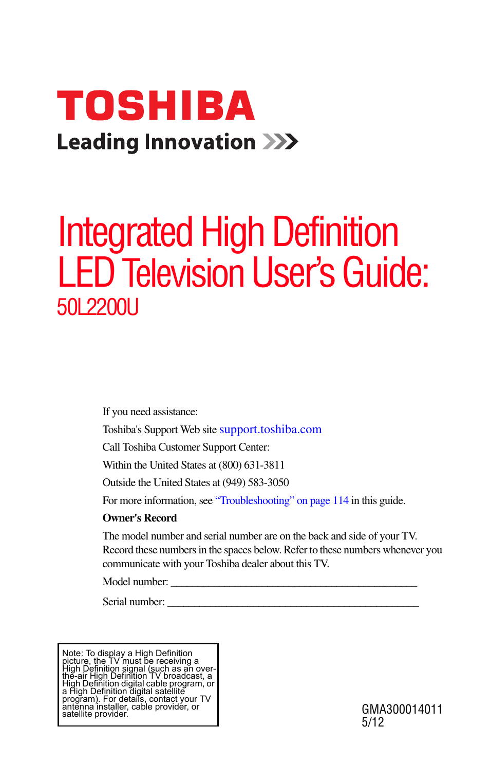 Toshiba Integrated High Definition LED Television 50L2200U User Manual | 131 pages