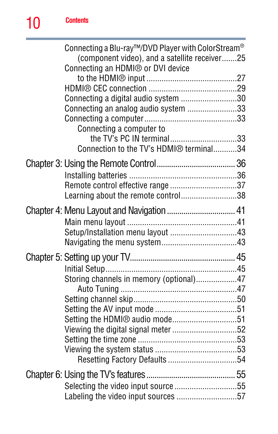 Chapter 3: using the remote control, Chapter 4: menu layout and navigation, Chapter 5: setting up your tv | Chapter 6: using the tv’s features | Toshiba Integrated High Definition LED Television 50L2200U User Manual | Page 10 / 131