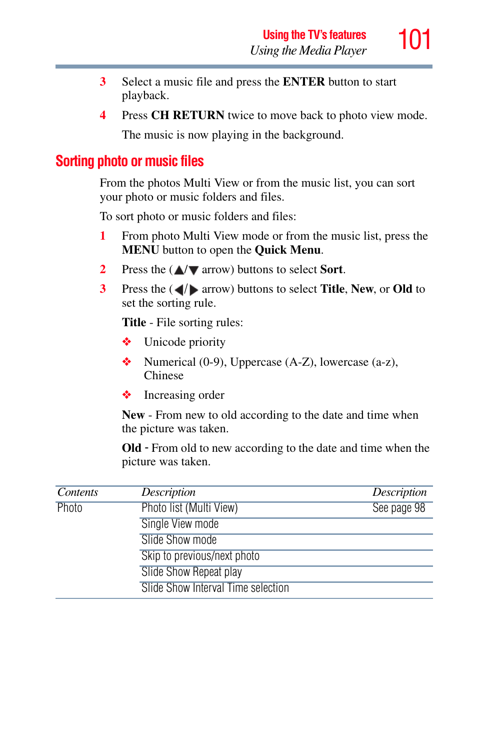 Sorting photo or music files | Toshiba Integrated High Definition LED Television 50L2200U User Manual | Page 101 / 131