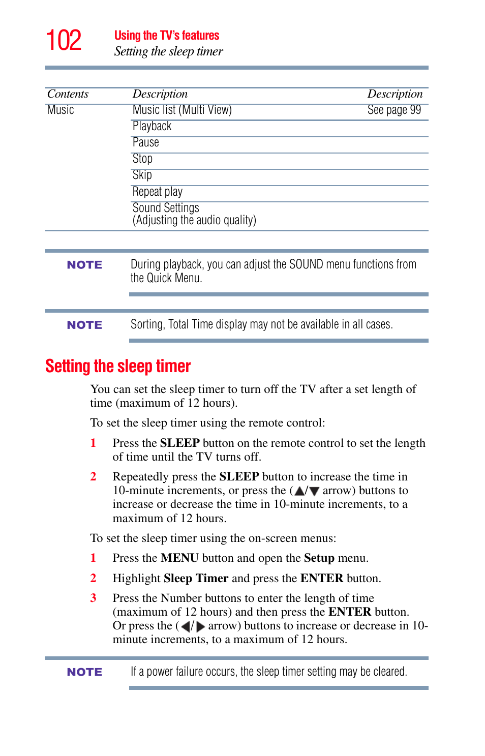 Setting the sleep timer, Setting the | Toshiba Integrated High Definition LED Television 50L2200U User Manual | Page 102 / 131