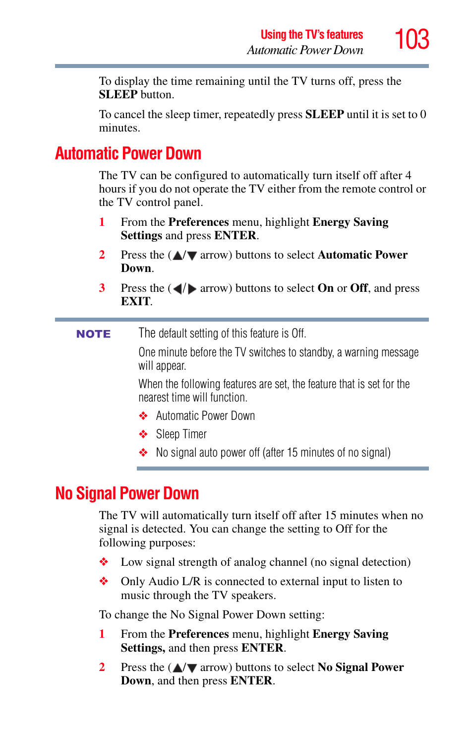 Automatic power down, No signal power down, Automatic power down no signal power down | Toshiba Integrated High Definition LED Television 50L2200U User Manual | Page 103 / 131