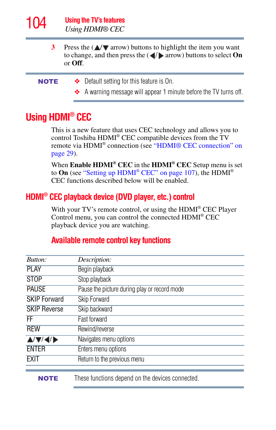 Using hdmi® cec, Hdmi® cec playback device, Dvd player, etc.) control | Using hdmi, Hdmi, Cec playback device (dvd player, etc.) control, Available remote control key functions | Toshiba Integrated High Definition LED Television 50L2200U User Manual | Page 104 / 131