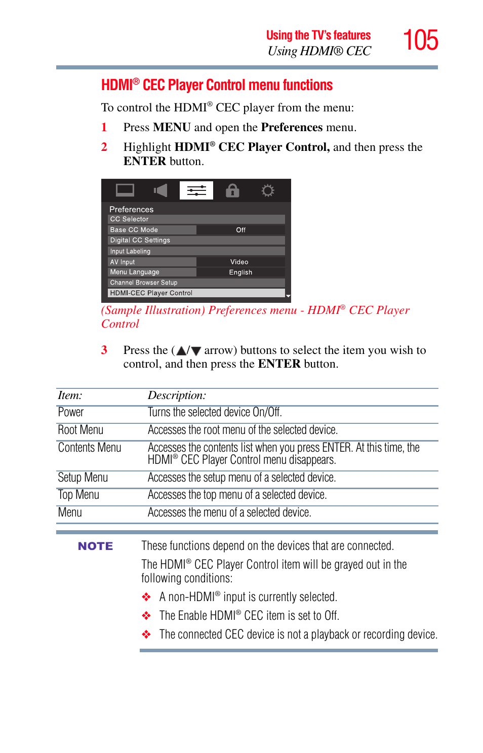 Hdmi, Cec player control menu functions, Using hdmi® cec | Toshiba Integrated High Definition LED Television 50L2200U User Manual | Page 105 / 131