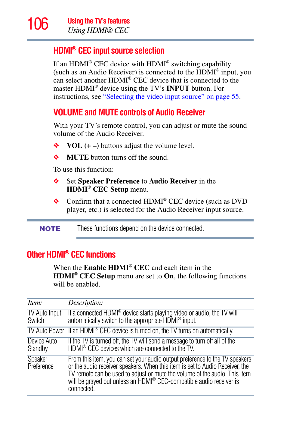 Other hdmi® cec functions, Hdmi, Cec input source selection | Volume and mute controls of audio receiver, Other hdmi, Cec functions, Using hdmi® cec | Toshiba Integrated High Definition LED Television 50L2200U User Manual | Page 106 / 131