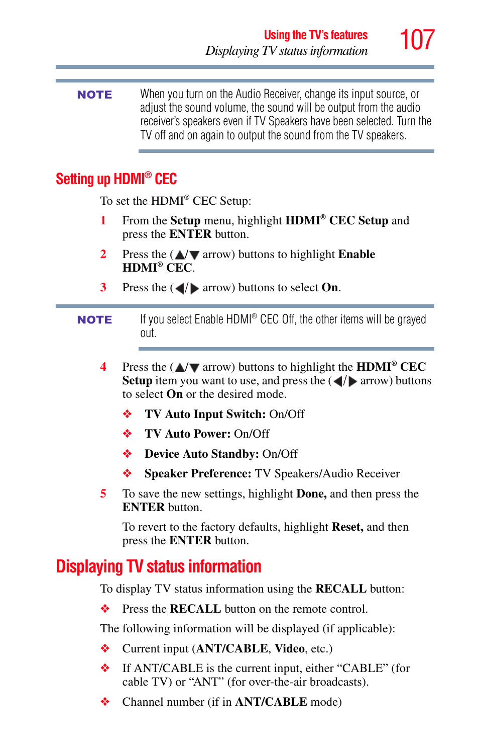 Setting up hdmi® cec, Displaying tv status information, Setting up hdmi | Displaying tv status | Toshiba Integrated High Definition LED Television 50L2200U User Manual | Page 107 / 131