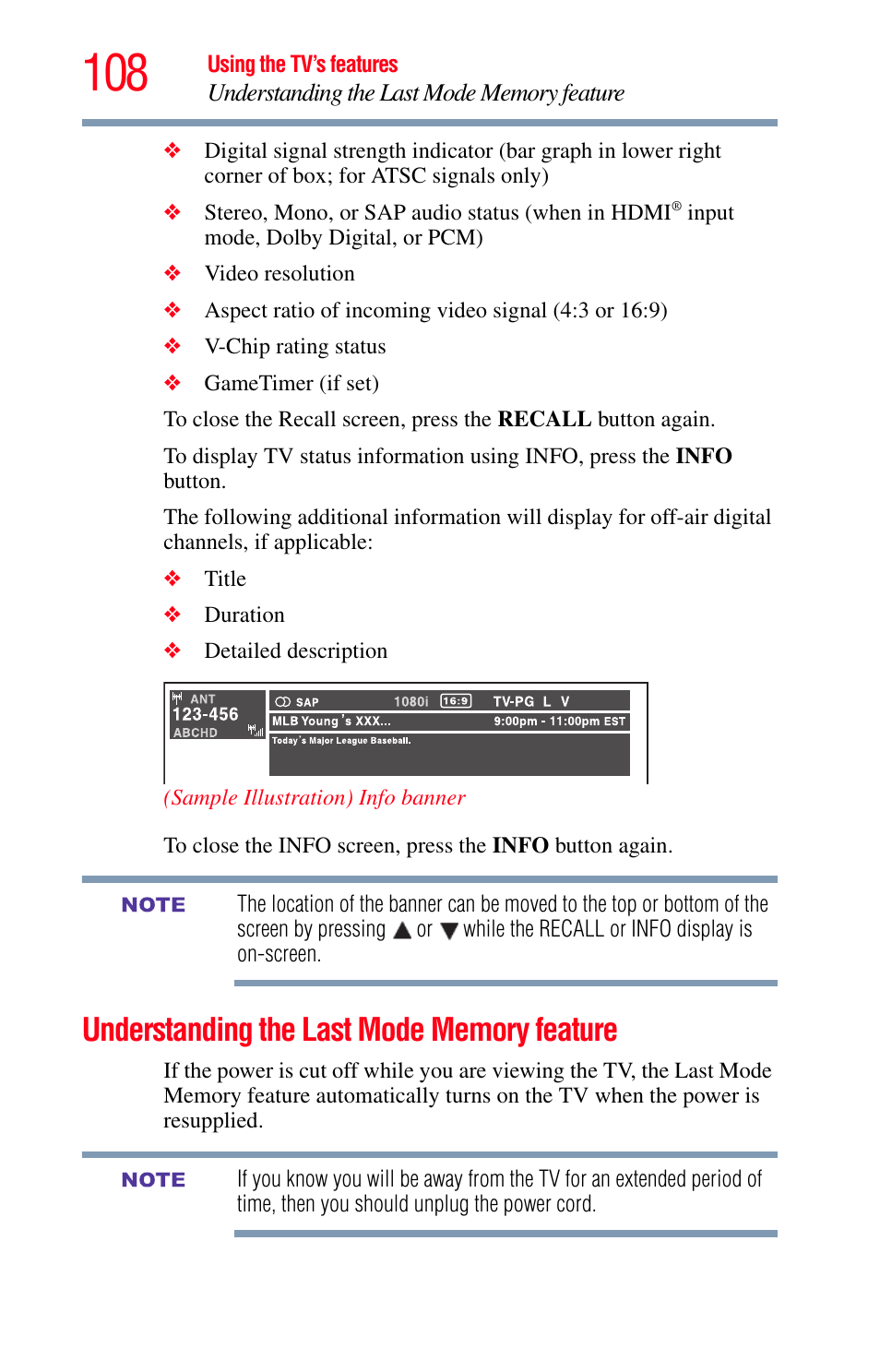 Understanding the last mode memory feature | Toshiba Integrated High Definition LED Television 50L2200U User Manual | Page 108 / 131