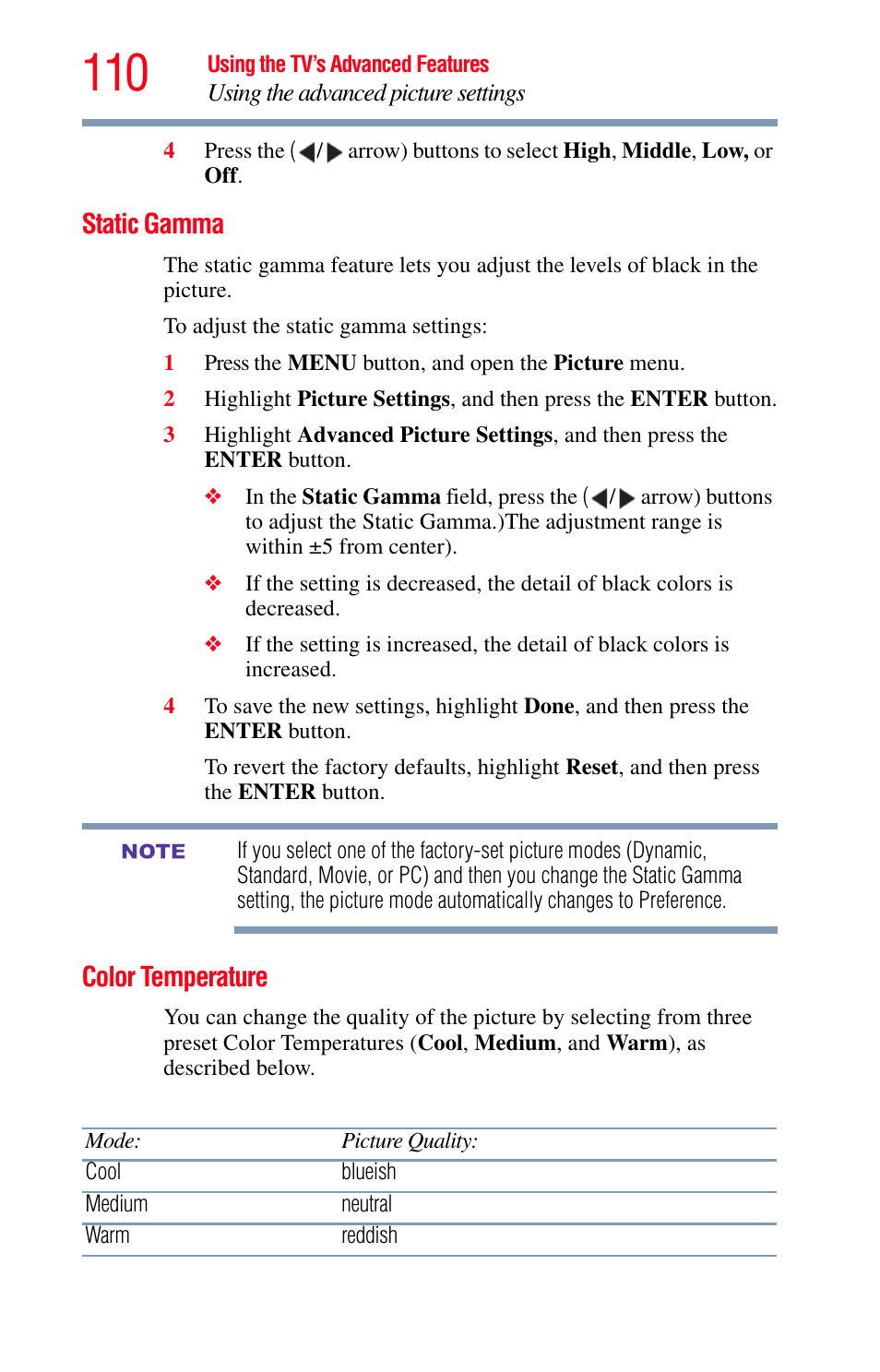 Static gamma, Color temperature, Static gamma color temperature | Toshiba Integrated High Definition LED Television 50L2200U User Manual | Page 110 / 131