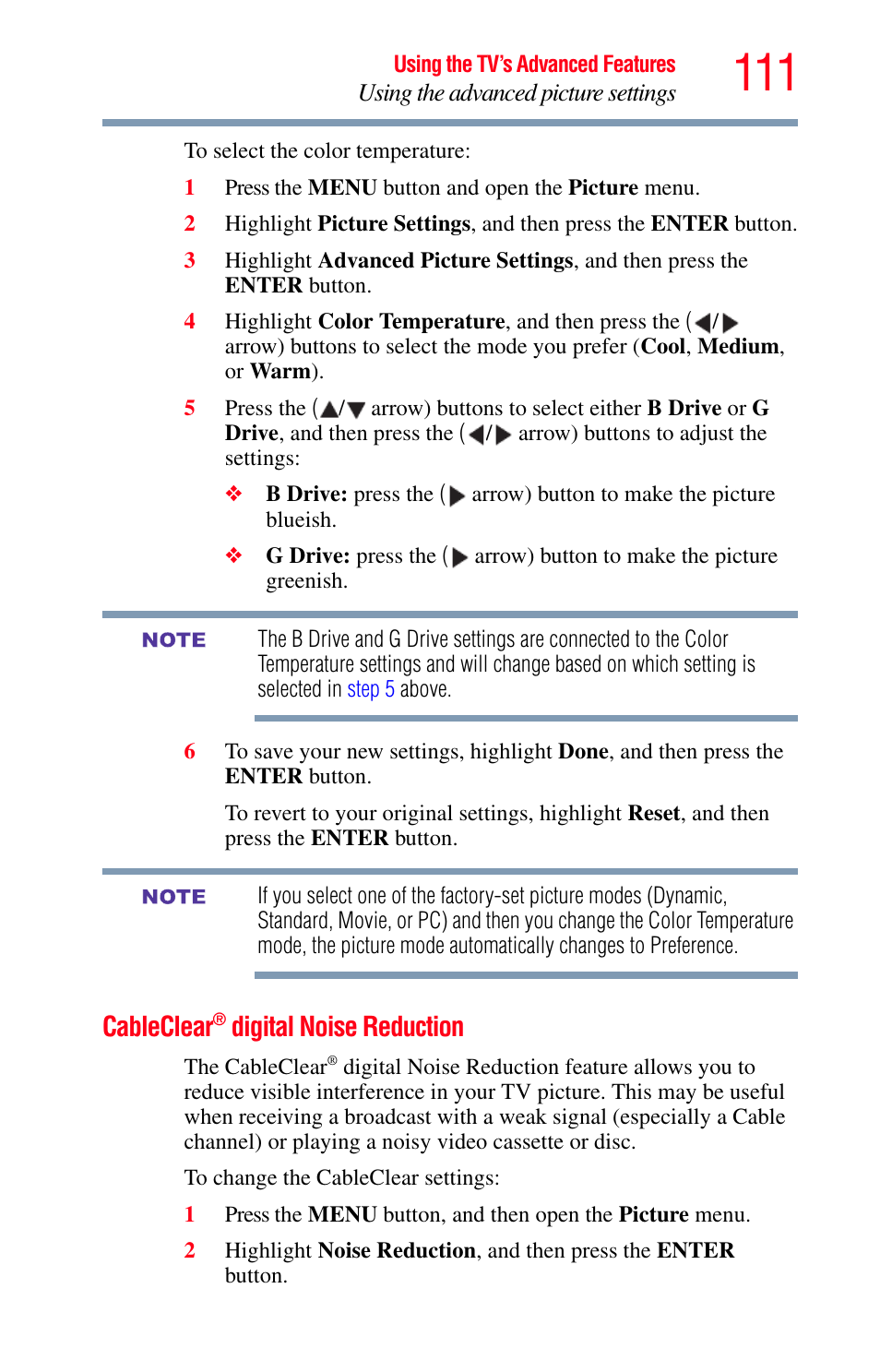 Cableclear® digital noise reduction, Cableclear, Digital noise reduction | Toshiba Integrated High Definition LED Television 50L2200U User Manual | Page 111 / 131
