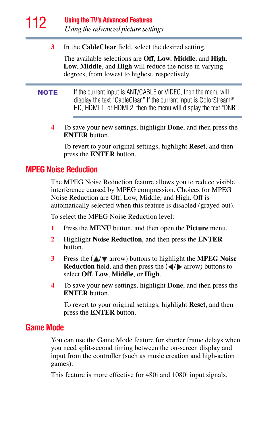Mpeg noise reduction, Game mode, Mpeg noise reduction game mode | Toshiba Integrated High Definition LED Television 50L2200U User Manual | Page 112 / 131