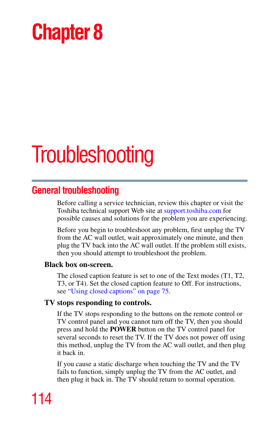 Troubleshooting, General troubleshooting, Chapter 8: troubleshooting | R to, Chapter 8 | Toshiba Integrated High Definition LED Television 50L2200U User Manual | Page 114 / 131