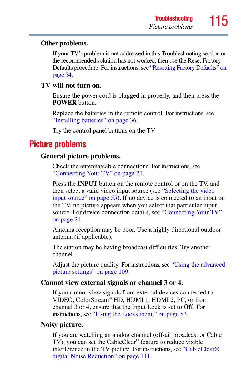 Picture problems | Toshiba Integrated High Definition LED Television 50L2200U User Manual | Page 115 / 131