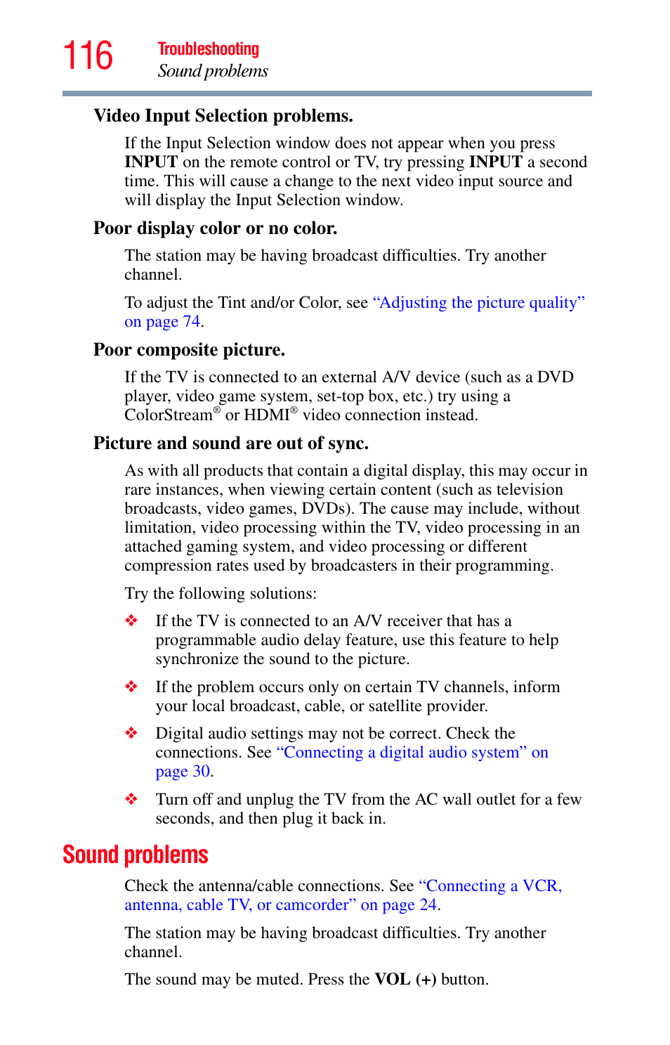 Sound problems | Toshiba Integrated High Definition LED Television 50L2200U User Manual | Page 116 / 131