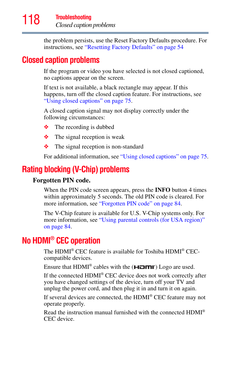 Closed caption problems, Rating blocking (v-chip) problems, No hdmi® cec operation | No hdmi, Cec operation | Toshiba Integrated High Definition LED Television 50L2200U User Manual | Page 118 / 131