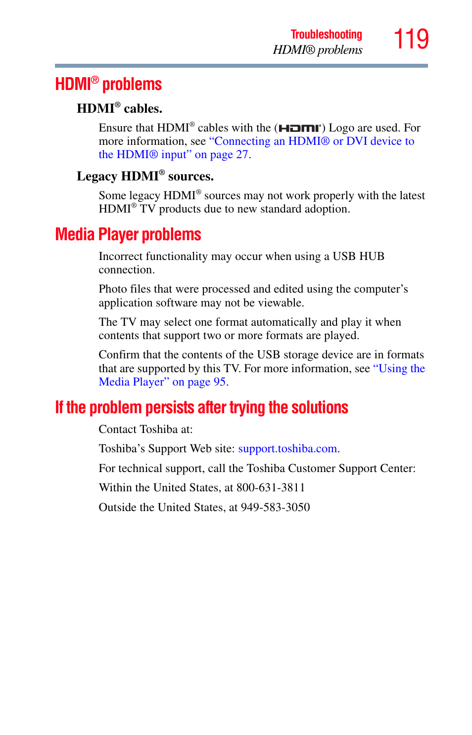 Hdmi® problems, Media player problems, If the problem persists after trying the solutions | Trying the solutions, Hdmi, Problems | Toshiba Integrated High Definition LED Television 50L2200U User Manual | Page 119 / 131