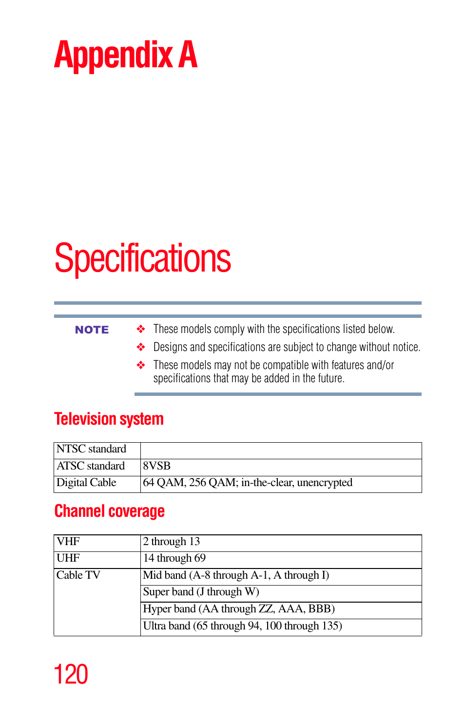 Specifications, Television system, Channel coverage | Appendix a: specifications, Television system channel coverage, Appendix a | Toshiba Integrated High Definition LED Television 50L2200U User Manual | Page 120 / 131