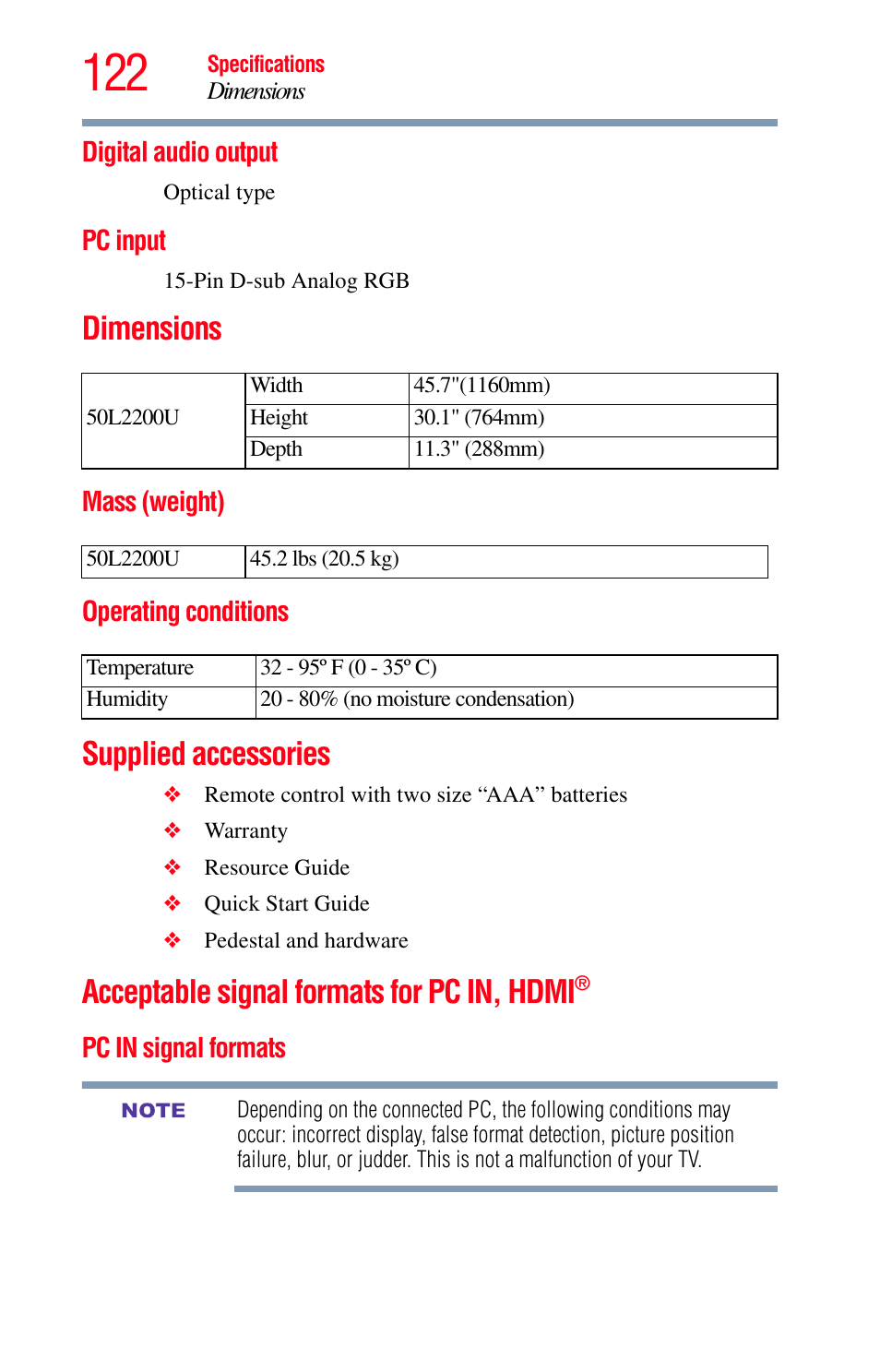 Digital audio output, Pc input, Dimensions | Mass (weight), Operating conditions, Supplied accessories, Acceptable signal formats for pc in, hdmi, Pc in signal formats, Digital audio output pc input, Mass (weight) operating conditions | Toshiba Integrated High Definition LED Television 50L2200U User Manual | Page 122 / 131