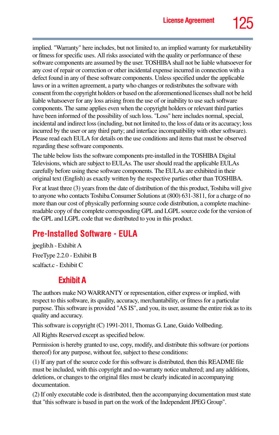 Pre-installed software - eula, Exhibit a | Toshiba Integrated High Definition LED Television 50L2200U User Manual | Page 125 / 131